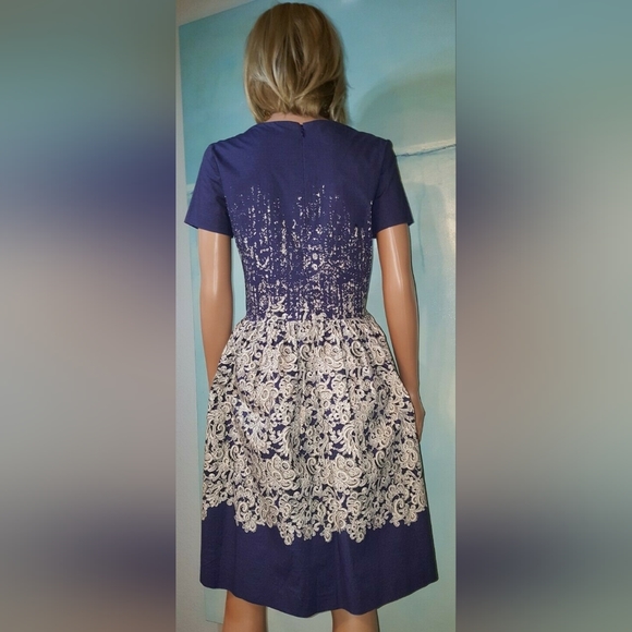 $2,400 OSCAR DE LA RENTA P15 GORGEOUS IVORY BLUE LACE PRINT RUNWAY DRESS US 8 - Picture 5 of 8
